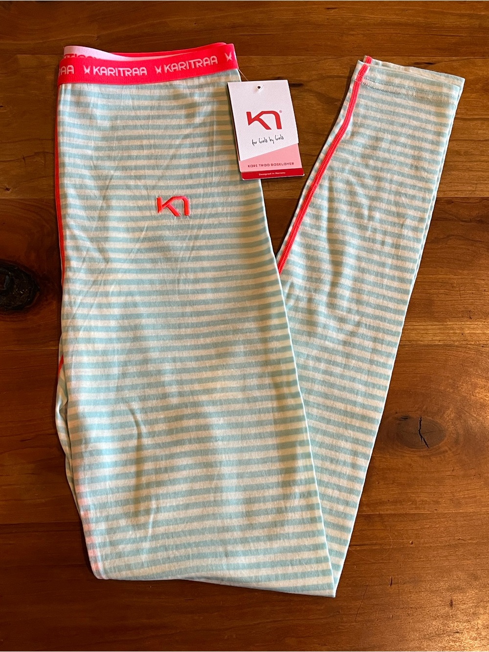 Kari Traa Smale Pant Base Layer - Light Blue (Aqua?) Stripe - Medium - New!
